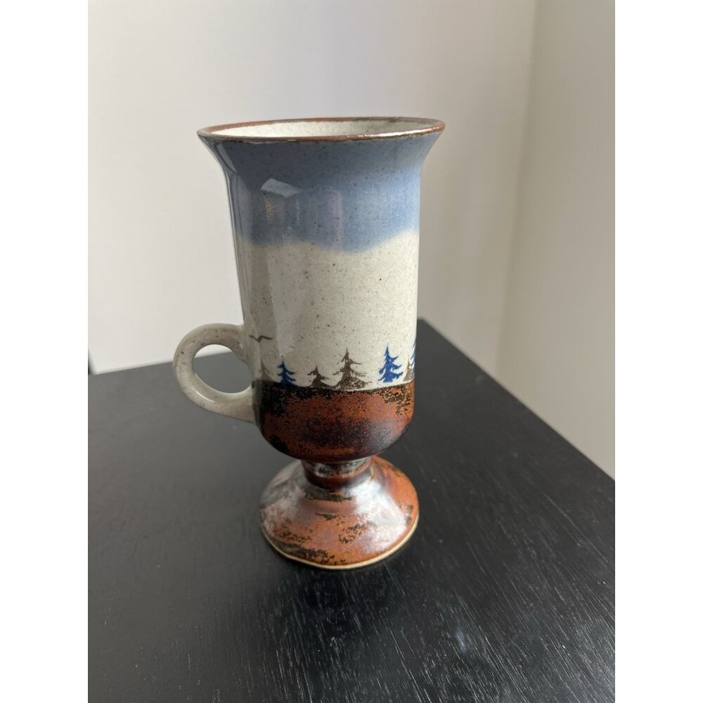 OTAGIRI Japan Tall Mug Pedestal Forest Pine Trees Birds Vtg Original Sticker
